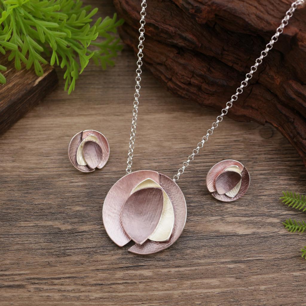 New Color Painting Oil Round Geometric Petal Stud Earrings Pendant Set, Women's Simple Flower Necklace