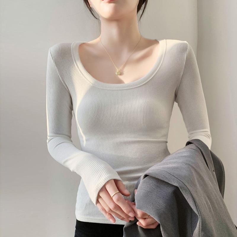 Women Solid High Elastic Slim Long Sleeve Round Neck Casual Bottoming T Shirt