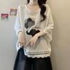 Women's Casual Black Elephant Print Scalloped Edge Loose Blouse