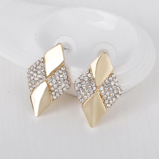 Women KC Gold Plated Rhombus Shape Necklace Earrings Rhinestones Jewelry Set