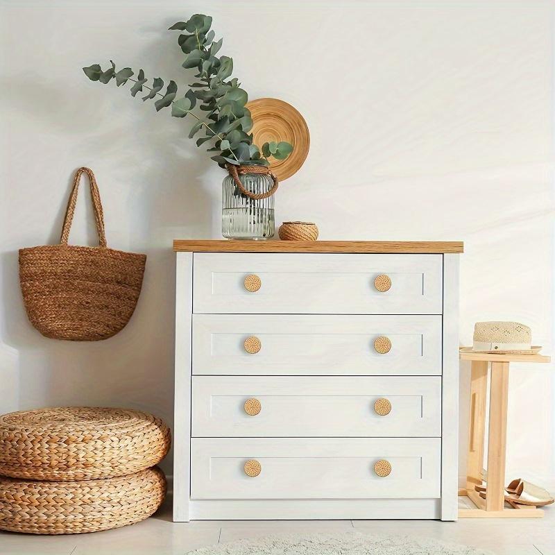 4pcs Retro Rattan Woven Dresser Knobs, Handmade Wicker Woven Pulls With Screws For Cabinets, Drawers