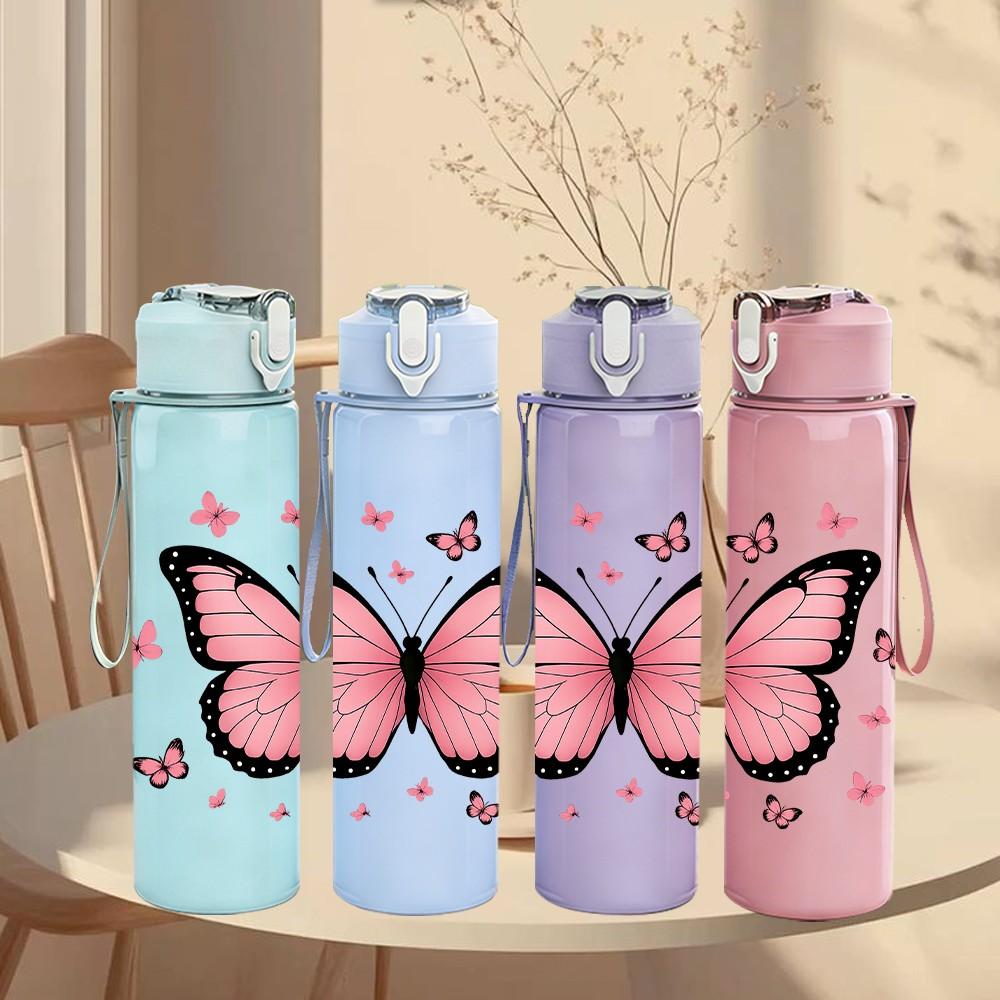 1PC Pink Butterfly Floral Art 750ml Color Plastic Sports Water Bottle Leakproof Flip Straw Lid Suitable for Sports Office Home Use