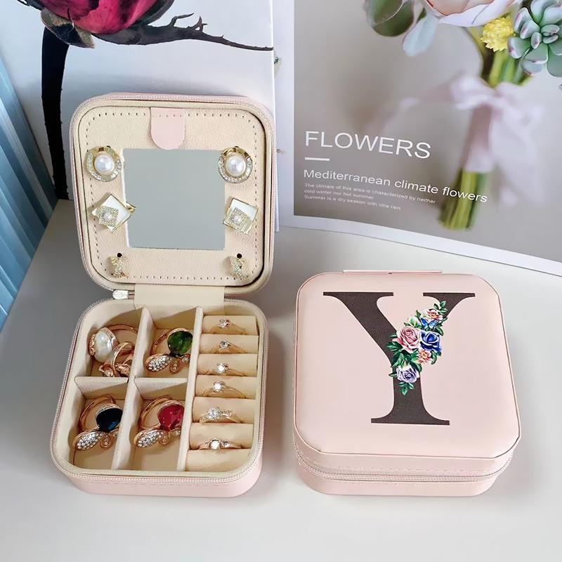 PU Leather Jewelry Box Mirror Storage Box 26 Letter Printed Portable Jewelry Organizer Earring Ring Necklace Case