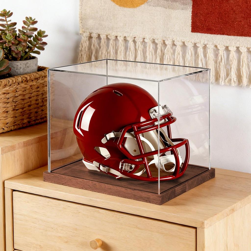 Full Size Helmet Display Case Clear Box with Wooden Stand Full Size Football Helmet Display Case for Sports Collectibles