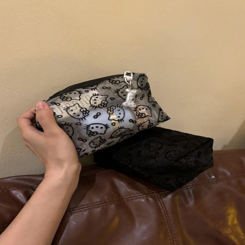 Black Mesh Hello Kitty Makeup Bag Portable Cosmetic Pouch Durable Organizer For Travel