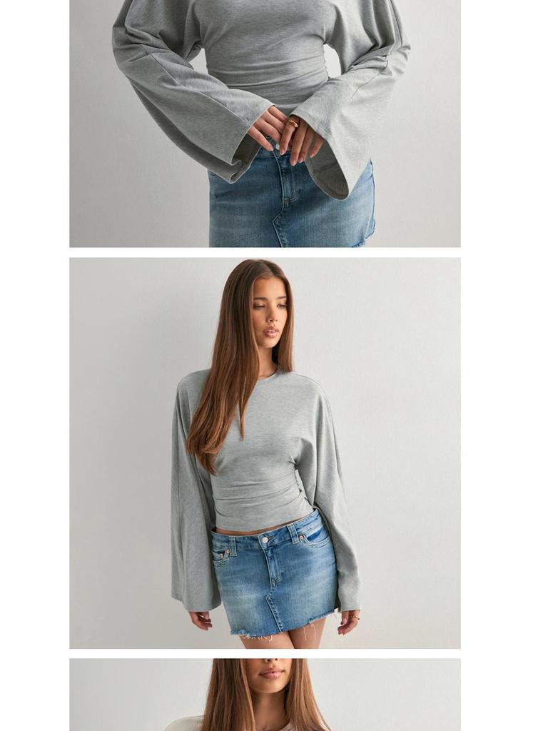 2026 Women's Solid Color Cinched Waist Long Sleeve Top - Fashionable Round Neck, Wide Sleeve.