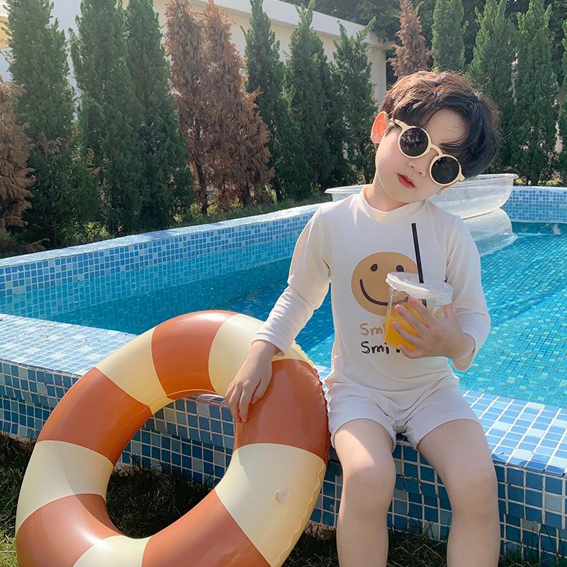 2023 New Quick-Drying Toddler Boys' Smiley Face Swimsuit - Size 2-3, One-Piece, Sun Protection & Cute Design
