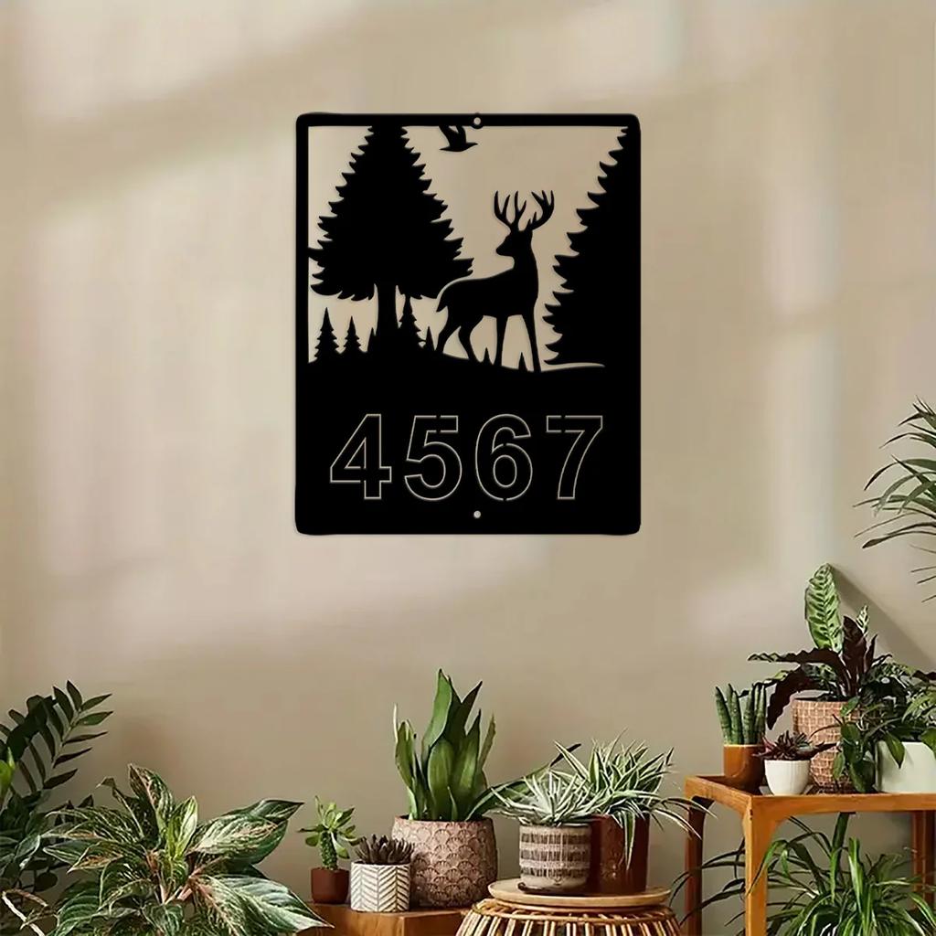 Metal Deer Address Sign, Personalized House Numbers, Rustic Cabin Decor, Entryway Wall Art, Metal Home Sign