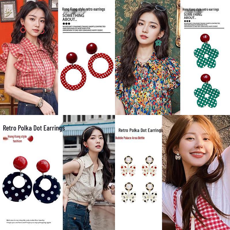 Retro Polka Dot Geometric Circle Earrings - Fashionable, High-End, European & American Style for Women