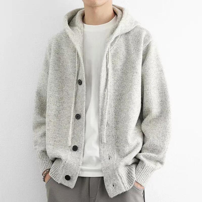 Men s Fall/Winter Casual Hooded Sweater—Solid-Color Hooded Knit Cardigan XS