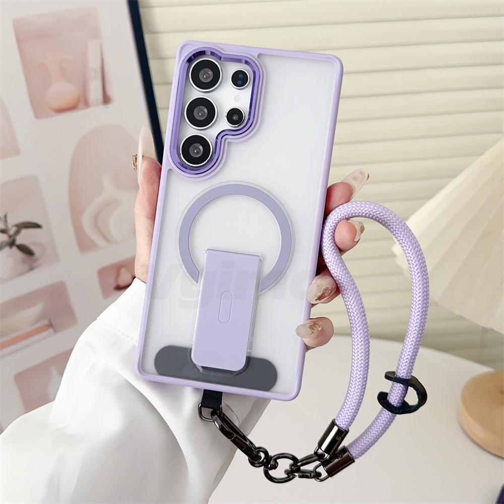Luxury Lanyard Magnetic Folding Stand Phone Case For Samsung S26 S25 Edge S24 Plus FE S23 Ultra For Magsafe Wireless Charge Caps