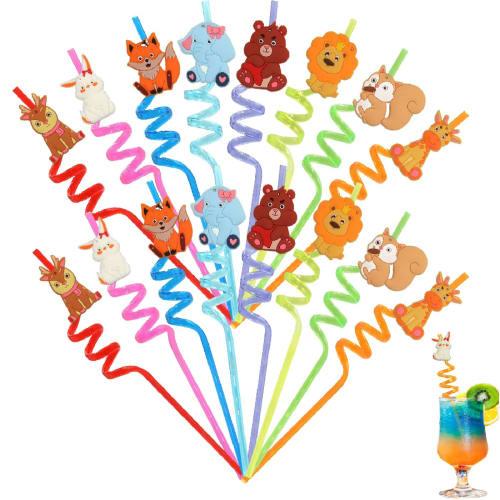 16 Animal Straws, BetterJonny Reusable Jungle Animal Plastic Straws In Colors for Kids, Long Straws, for Smoothies, Cocktails, and Hot Drinks