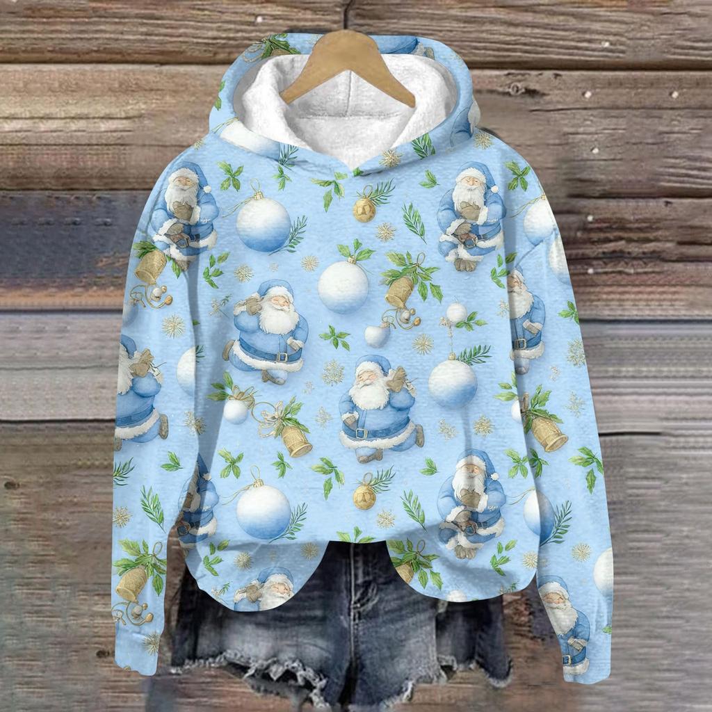 Women's Fashion Long Sleeve Christmas Print Loose Hooded Sweatshirt Top