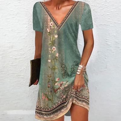 Women's Summer Printed V-neck Short-sleeved Dress, Comfortable Dress