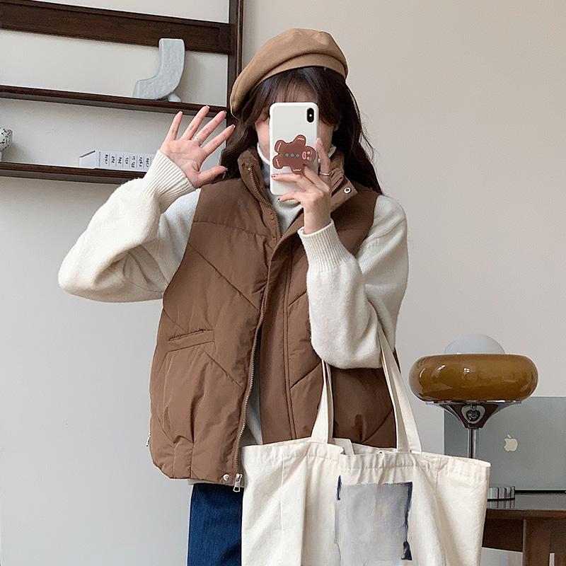 Loose Cotton Sleeveless Vest with Side Zipper for Women, Korean Style Solid Color Coat for Autumn and Winter