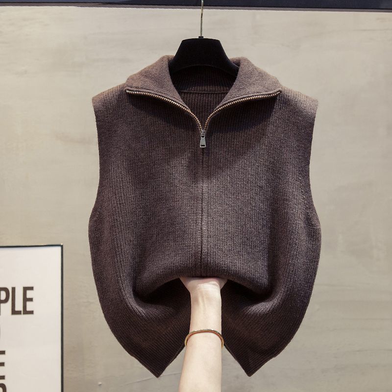 

turtleneck zipper knitted cardigan vest women s spring and autumn loose outer wear sleeveless sweater vest stacked outside wear S [ 40kg and below ]