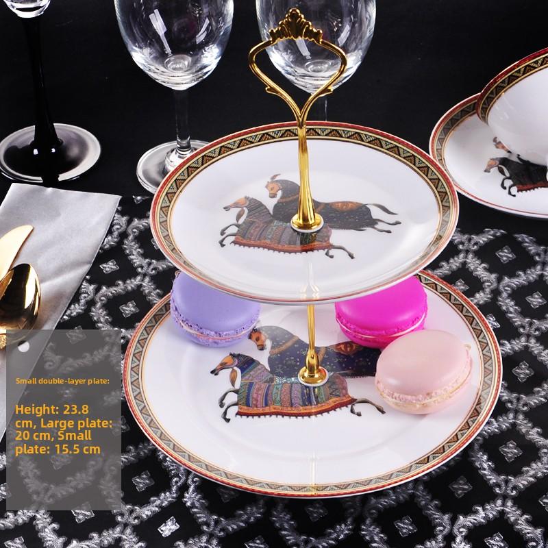

European Style Ceramic Double Layered Tray Fruit And Candy Plate Afternoon Tea Cake Stand Three Tier Dessert Holder Serving Tray