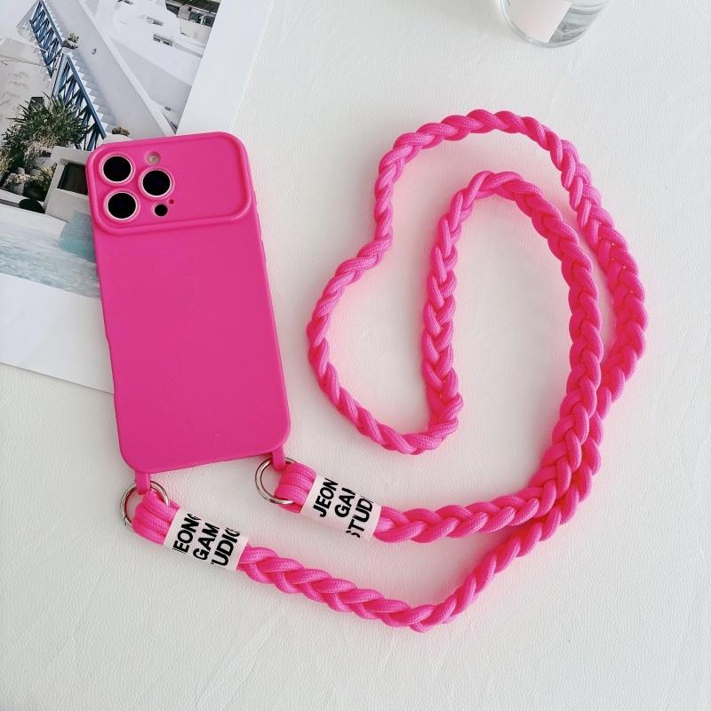 Candy Cute Lanyard Case For iPhone 16 Pro Max 12 11 13 15 14 Pro Shockproof Solid Braid Crossbody Neck Cord Strap Soft Cover
