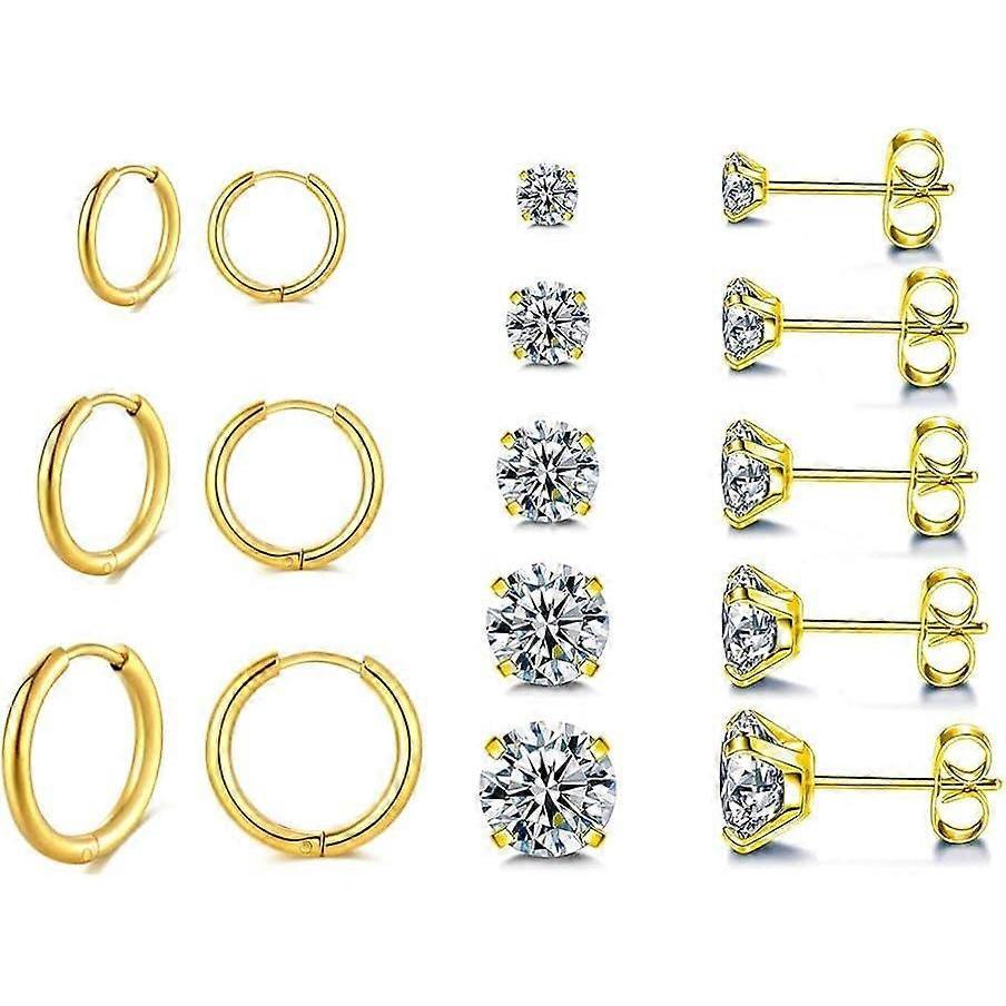 Cterwk 8 Pairs 316L Surgical Stainless Steel Stud Earrings Hoop Earrings for Women Men 14K Gold Plated Flat Back CZ Earrings Set
