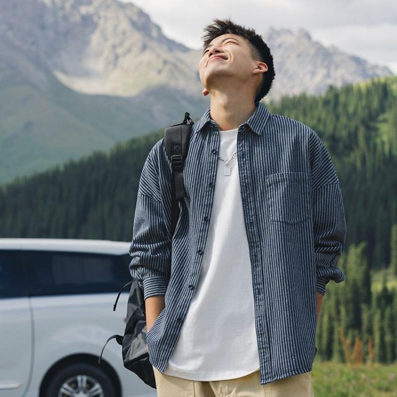 

Men s Dark Blue Striped Button Down Shirt Casual Pocket Detail Oversized Streetwear Top M синий