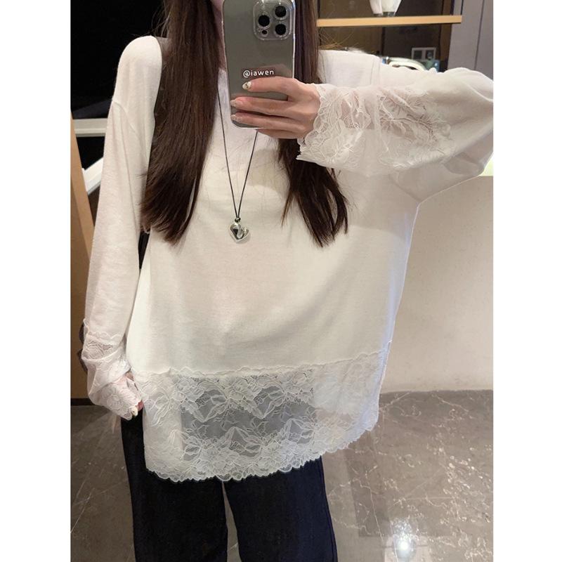 Korean Style Lace Crochet Patchwork Long Sleeve T-Shirt for Women - 2025 Spring/Autumn Casual Sweet Base Layer Top
