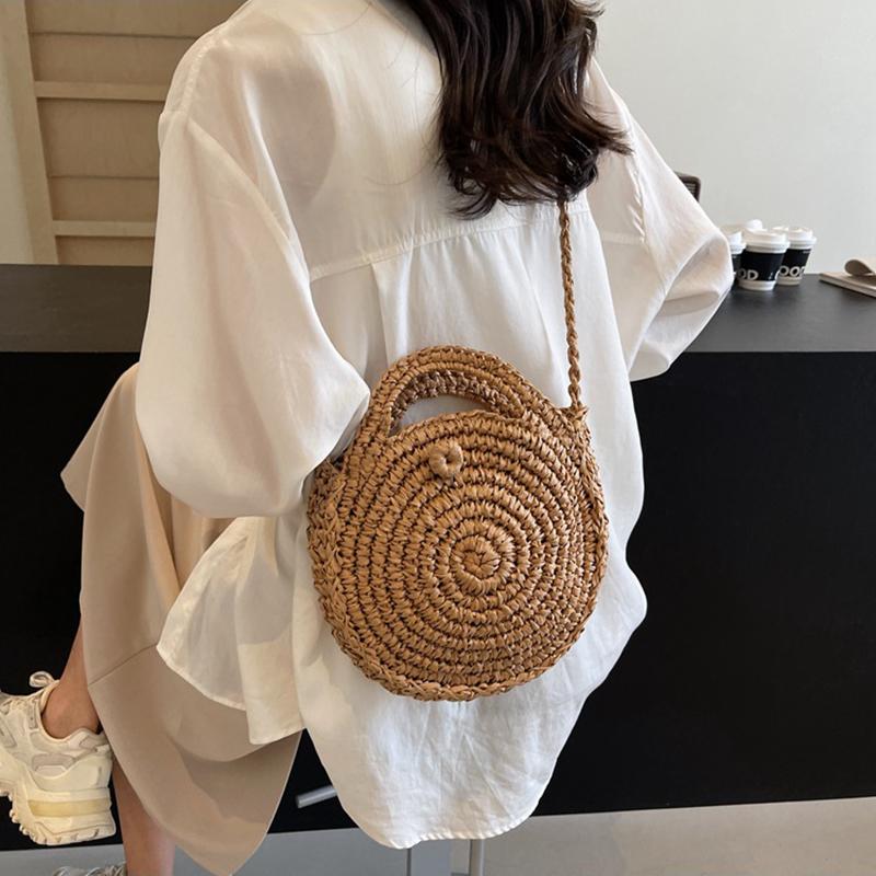 Runde Umhängetasche aus Stroh, handgefertigt, gewebte Schultertasche für Damen, Sommer-Strandtasche, Bohemia-Reisetasche, kleine Handtasche und Geldbörse