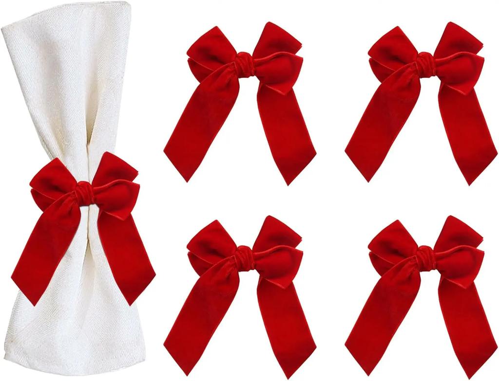 4pcs Red Bow Velvet Napkin Holders Chic Velvet Bowknot for Xmas Dinner Birthday Part Wedding Table Decoration Home Table Setting