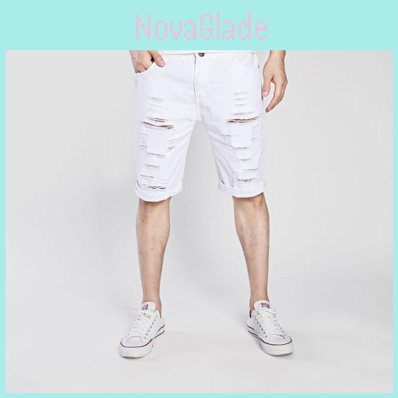 Premiumkvalitet Mode Herr Cargo Denim Shorts Casual Slitna Jeans
