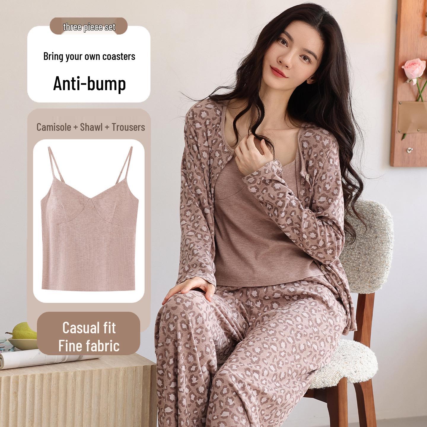 

Women s Autumn/Winter Modal Pajama Set: Long Sleeve, Long Pants, Chest-Pad Camisole, 3-Piece Casual Homewear. L for 155-160cm, 100-120kg