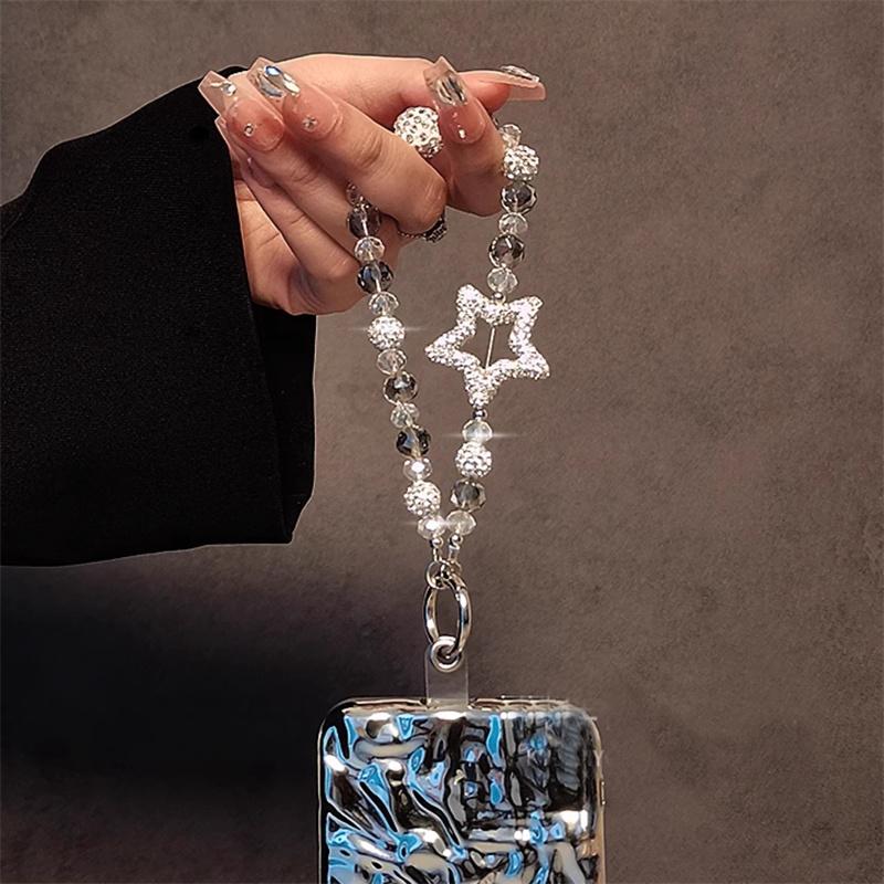 Luxury Flash Diamond Star Bead Mobile Phone Lanyard Wrist Strap Lady Hand-held Chain Short Anti-lost Cell Phone Cute Key Pendant