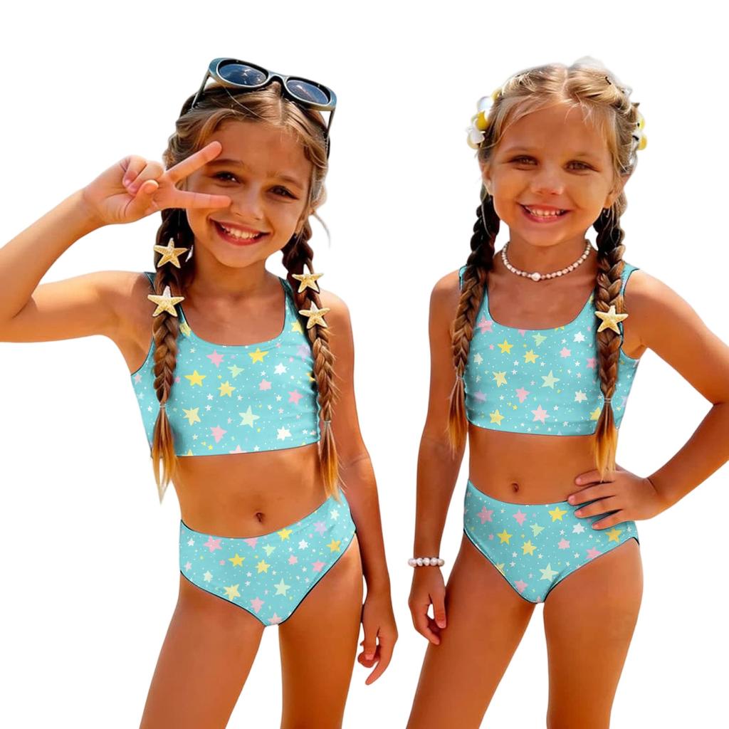 Girls Two Piece Swimsuit Set Tankini Top and Bottom Star Print Summer Beach Swimwear for Kids Lightweight Comfortable Fit