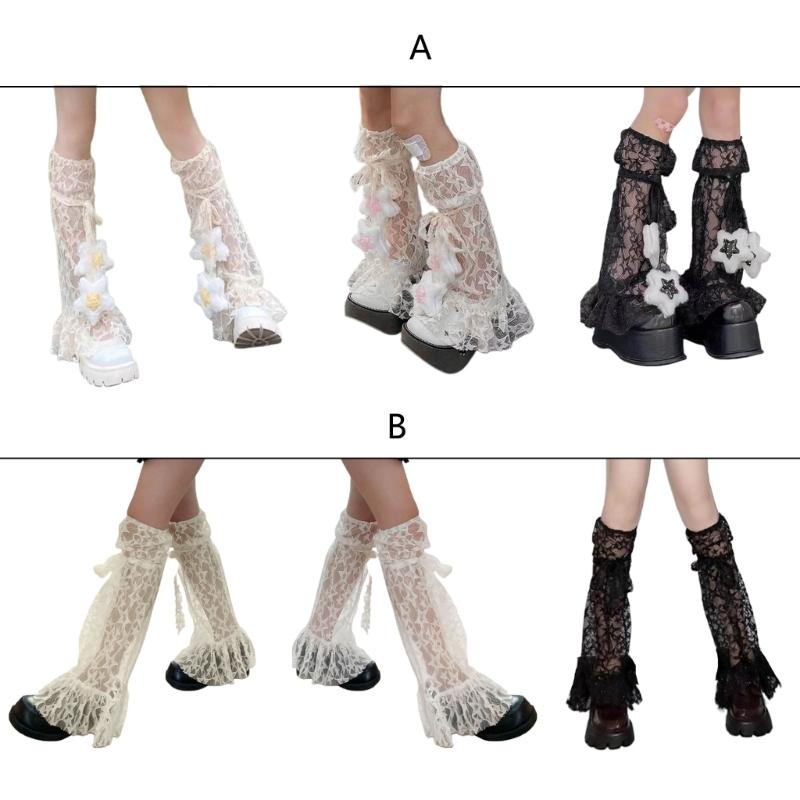 Womens Knee High Leg Warmer Socks Sweet Lace Ankle High Bandage Leg Sleeve Boot Long Tube Lace Leg Sleeve Calf Covers