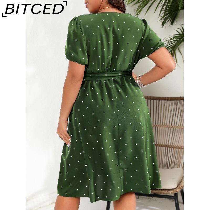 BITCED Plus Size Women's Elegant Vintage Polka Dot Waist-Tied Square Neckline Full-Skirt Dress