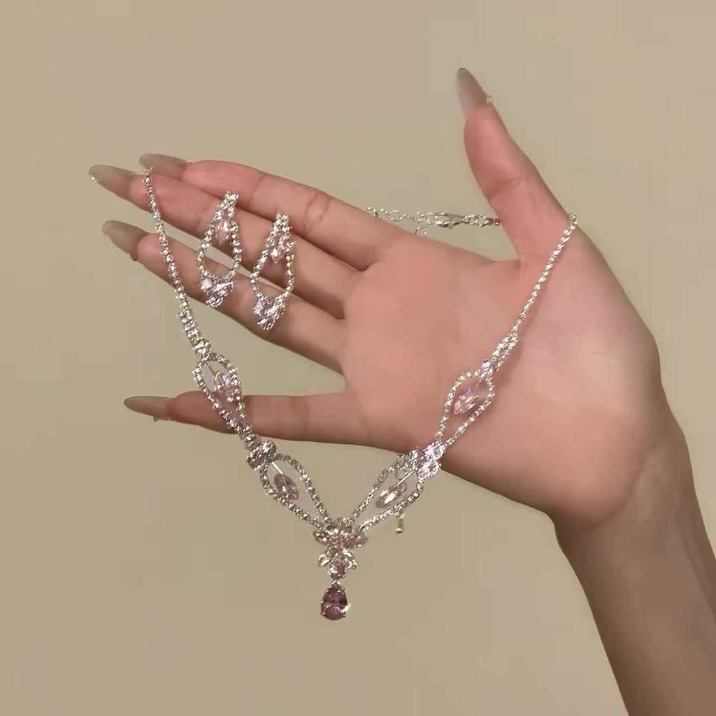 French Pink Sparkle Zirconia Earring & Necklace Set - Water Drop Clavicle Chain for Women