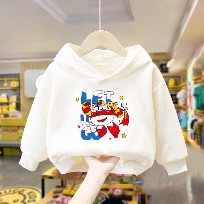 Children's Cartoon Fun Super Wings Print Comfortable Hooded Sweatshirt Fall and Winter Outdoor Leisure Sports Long-sleeved Tops