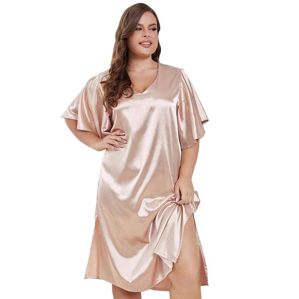 Women’s Nightgowns Simulation Silk Plus Size Sleepshirts Short Sleeves Satin Sleep Lounge Wear Large Pajamas Dresses 1XL-4XL Home Clothing KTB