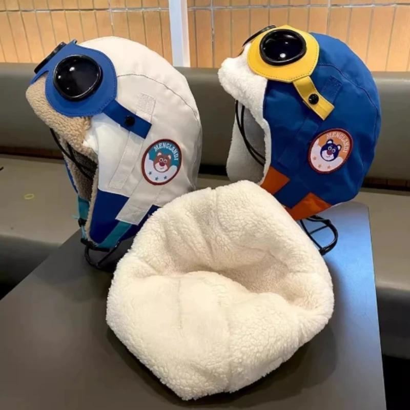 Children's plush winter pilot thermal cap,equipped with goggles and windproof earmuffs,suitable for outdoor activities in winter