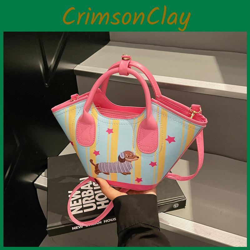 Cute Dog Dachshund Embroidered Striped Star Pattern Women Casual Shoulder Bag