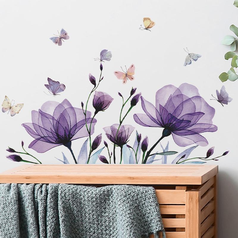 Romantic Purple Flowers Butterfly Bedroom Living Room Home Beautification Decorative Wall Stickers Room Decal