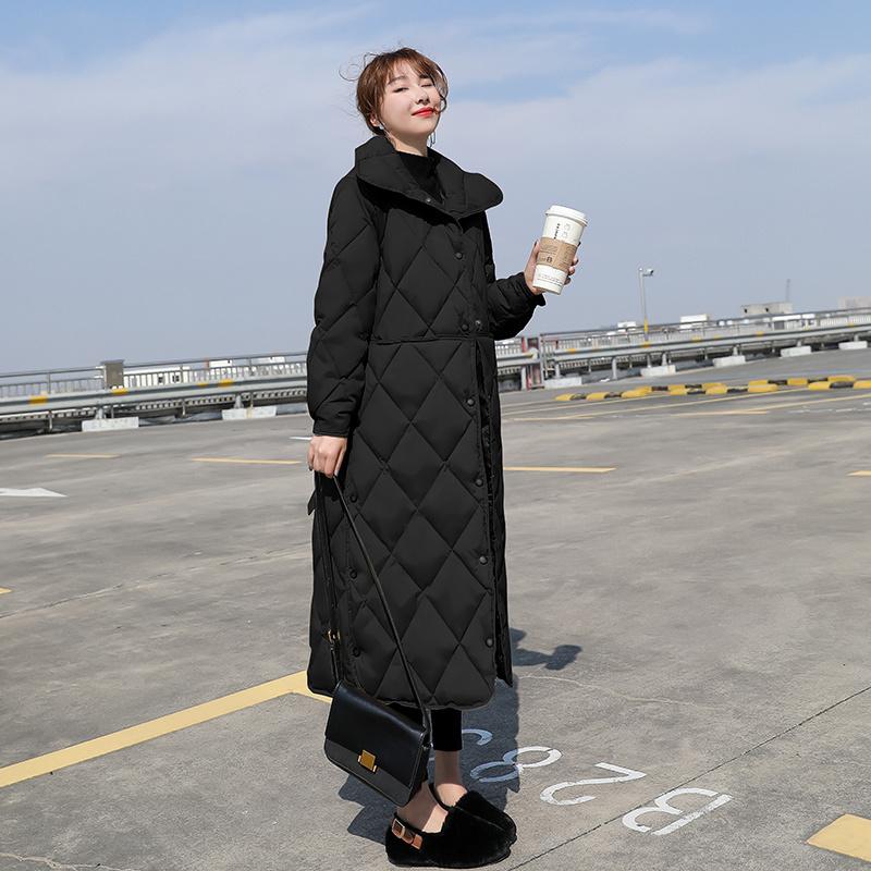 2024Winter Long Overcoat Women Pattern Casual Sashes Parkas Female Pockets Puffer Jacket Cotton-padded Outwear