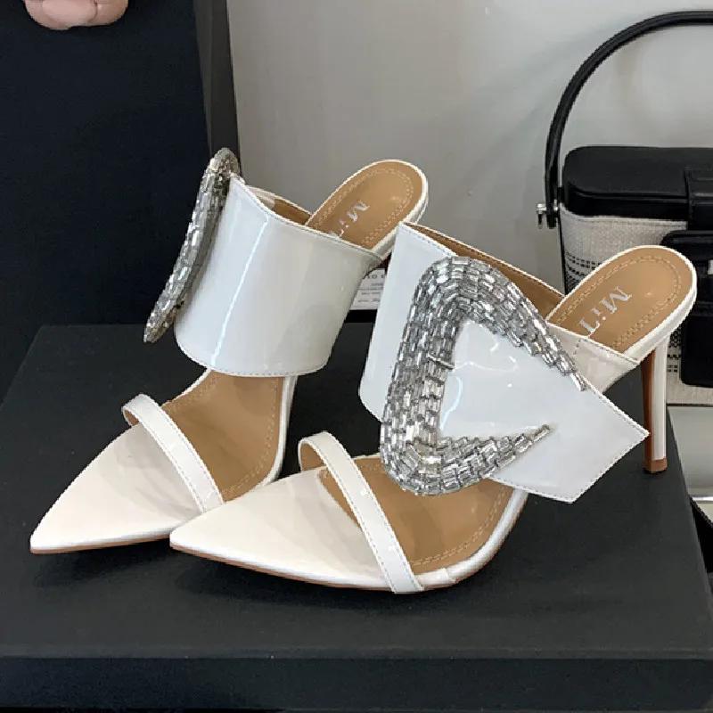 Fashion Fashion Crystal Buckle Luxury High Heels Summer Sexy Pointed Toe Slide Sandals Elegant Wedding Bridal Shoe Party Shoes for Women