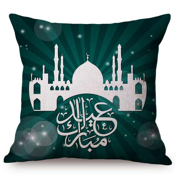 Cotton Linen Sofa Throw Pillow Case, Classic Islam Ramadan Kareem Decoration, Mosque Castle And Moon Pattern, Yellow