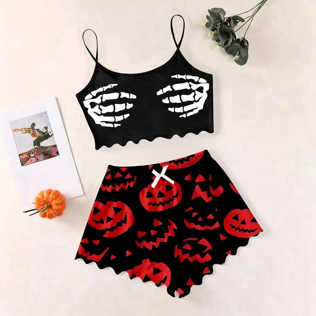 Women's Halloween Pajama Set with Vintage Floral Print Sleeveless Cami Top and Shorts Sleepwear