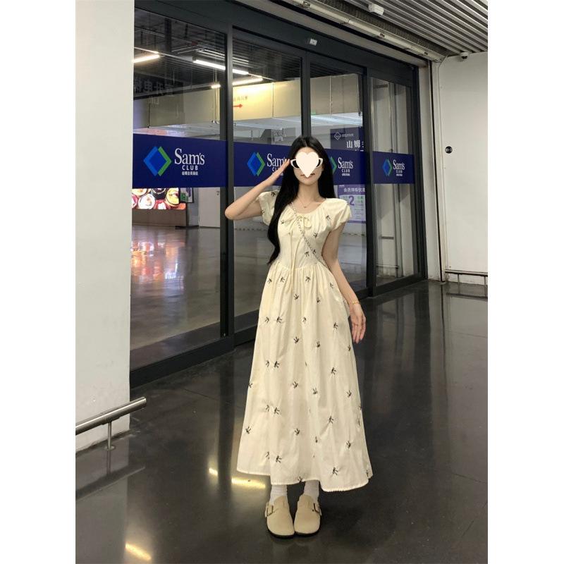 Coffee break bubble sleeve dress women's summer new small waist temperament floral dress