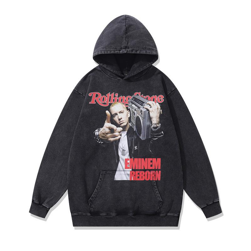 American Retro Digital Direct Injection Printing Hoodie Vintage 430G Pure Cotton Washed Sweater Men