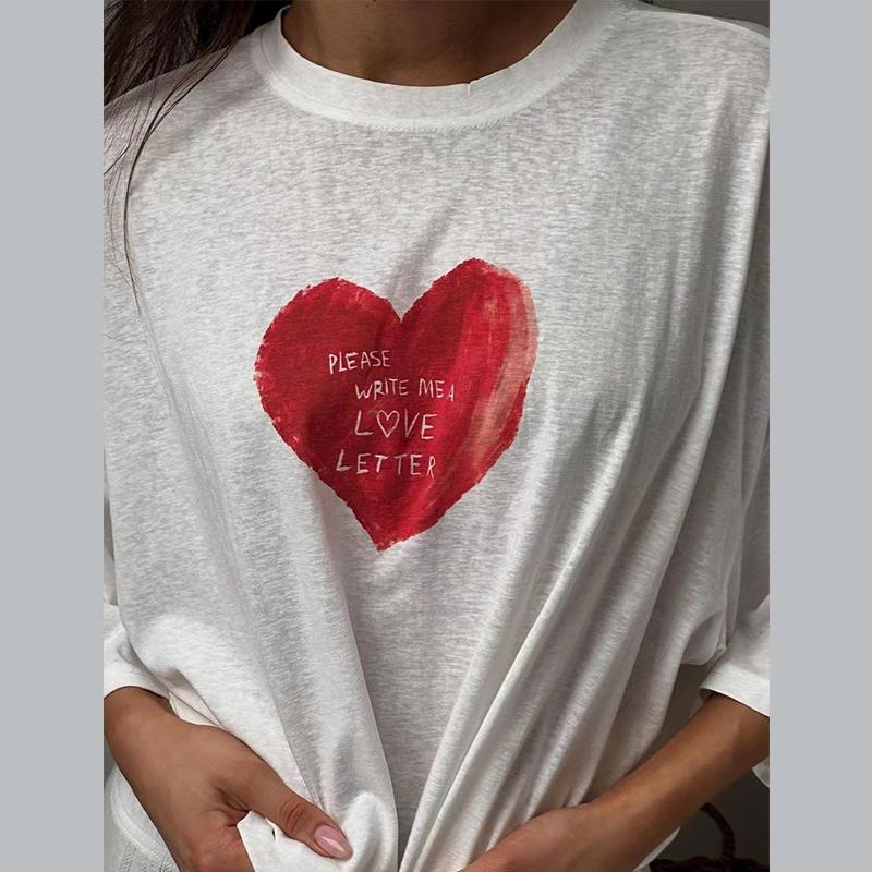 T-Shirt aus Baumwolle mit Herz-Grafikdruck für Damen, für den Sommer, lässig, kurzärmlig, Rundhalsausschnitt, lockere, vielseitige, einfache Oberteile