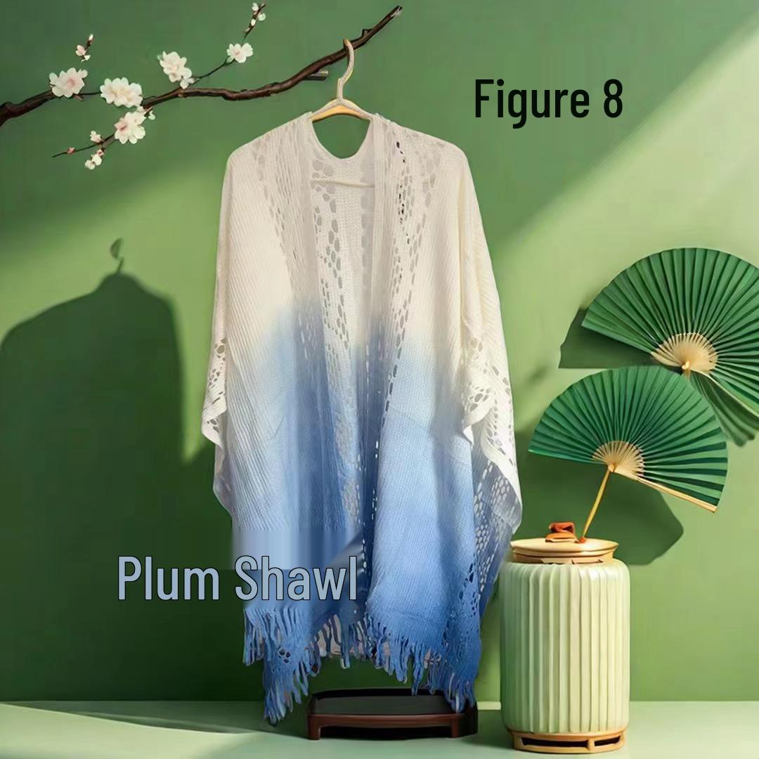 Ethnic Gradient Blue Tie-Dye Multi-Functional Cloak Scarf with Sun Protection