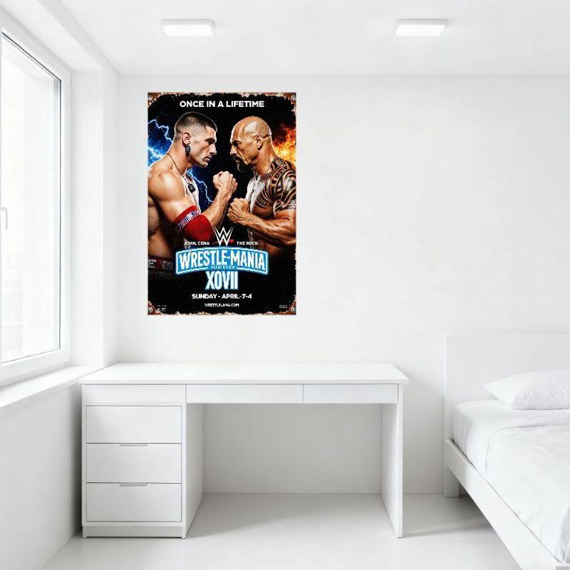 WWE WrestleMania XVII Vintage plechová cedule John Cena vs The Rock Plakát akce s blesky a plameny pro pánský doupě bar domov De