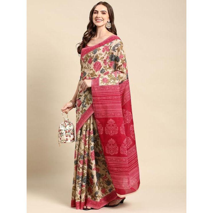 Premium Pure Mulmul Cotton Saree with Beautiful Floral Print & Matching Blouse