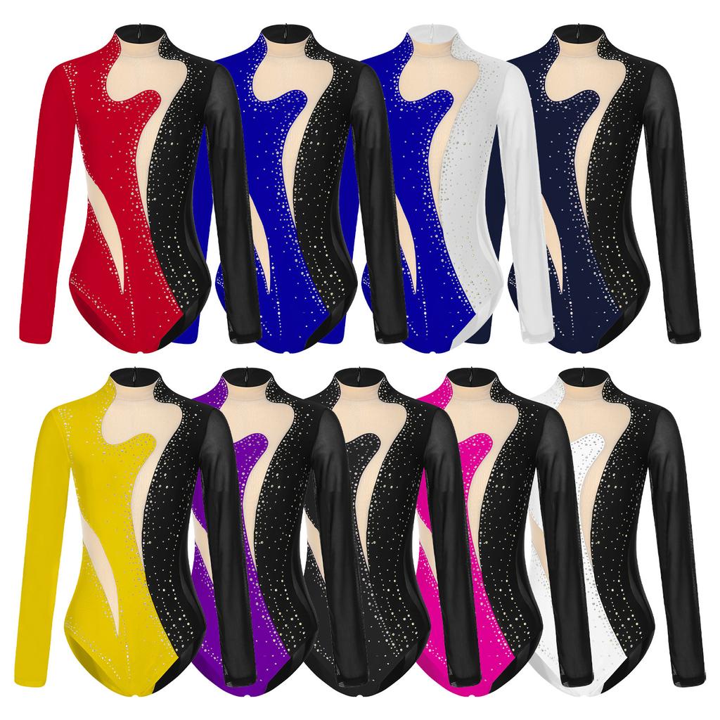 Women Long Sleeve Rhinestones Mesh Gymnastics Leotard Bodysuit Ice Skating Jumpsuit
